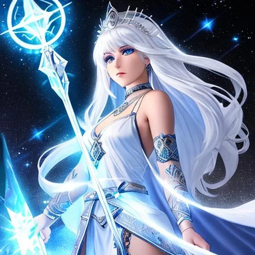 Prompt: light cleric with radiant crystal staff, shaved white hair. blue tattoos on head. with white robe edged in dark gray owl feathers, wide angle, character build cleric. tan skin, diamond jewelry. realistic animation. empty white background.