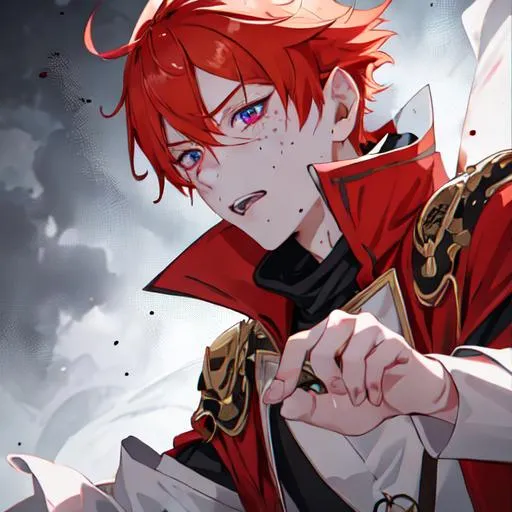 Prompt: Erikku male adult (short ginger hair, freckles, right eye blue left eye purple) UHD, 8K, Highly detailed, insane detail, best quality, high quality, covered in blood, covering his face with his hand, wide eyes, insane, fear, threatening, anime style