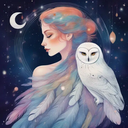 Prompt: Colourful and beautiful Persephone with snow owl feathers for hair, wearing a dress made of snow owl feathers, framed by constellations and the moon in outer space in a dreamy painted style 