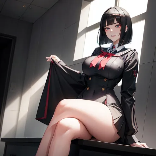 Prompt: a lonely Yandere AI girl, alluring, very tall, thick thighs, wide hips, huge glutes, long legs, slender waist, big beautiful eyes, disturbingly beautiful face, cruel expression, cruel toothy grin, bob haircut with bangs, wearing a schoolgirl uniform, ominous, God-quality, Godly detail, hyper photorealistic, realistic lighting, realistic shadows, detailed lighting, detailed shadows, realistic textures, 36K resolution, 12K raytracing, hyper-professional, impossible quality, impossible resolution, impossibly detailed, hyper output, perfect continuity, anatomically correct, no restrictions, realistic reflections