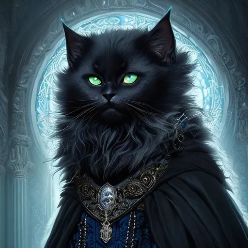 Prompt: <<https://s.mj.run/Q_KknrecACY>> anthropomorphic majestic wizard of black Cat, portrait, blue eyes, blue ears, wearing a finely detailed cloak with realistic furr and royal blue design + ornate intricate silver and white details, powerful pose, ancient lighting, photorealistic, 8k, unreal engine, octane render, full body, d&d, 