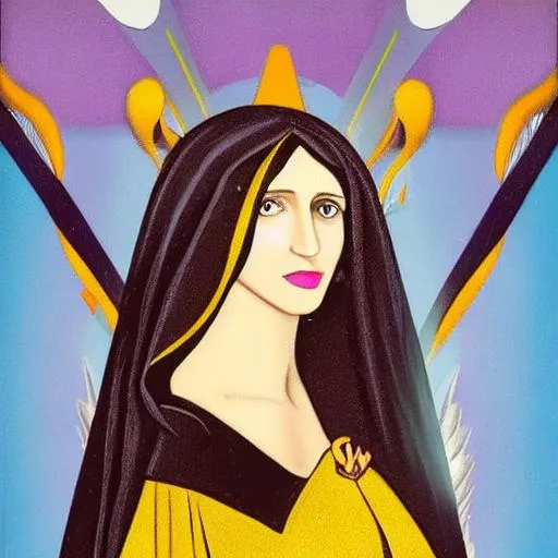 Prompt: black haired woman purple eyes, madonna, gold yellow dress, white lily, black cat, river, jungle, toucan, vermeer, medieval, botticelli, virgin mary