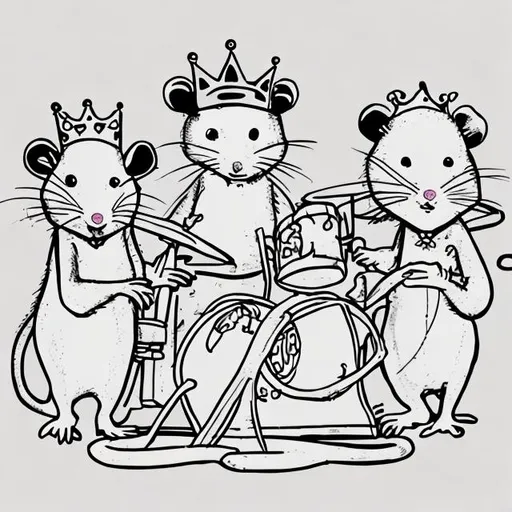 Prompt: Very simple line drawing of a band made up of cute rats wearing crowns