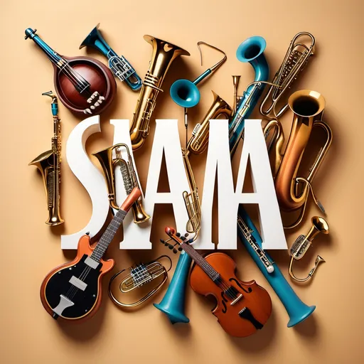 Prompt: A word SAMA in musical shape in the title with musical instruments in the background