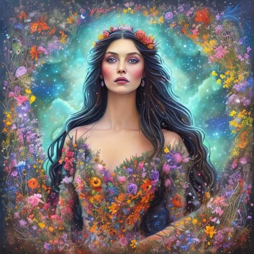 Prompt: A colourful, beautiful brunette, Persephone, in a beautiful flowing dress made of wildflowers. Framed by a nighttime sky of clouds, stars and constellations. In a photorealistic painted Disney style.