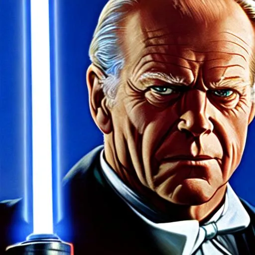 Prompt: zoomed in image of Gerald Ford as a Jedi. He is holding a lightsaber that is blue