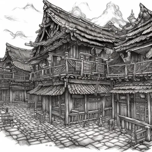 Prompt: a tavern in the middle of a village drawn in kentaro miura style bird viewpoint