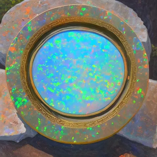 Prompt: a oil painting of a Greek birdbath made of opal stone