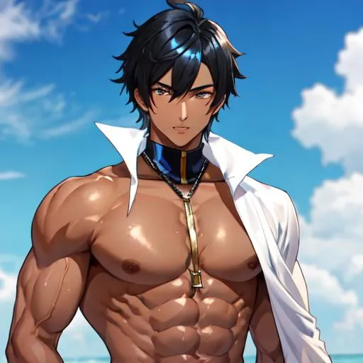 Prompt: Male (black hair in the front blue hair in the back) (brown eyes) buff, muscular