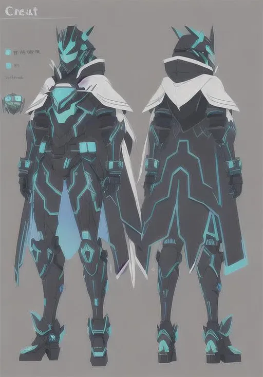 Prompt: Creat a character concept sheet of a futuristic black and white robot with green and blue glowing armor, cool cloak and hood, alien visor