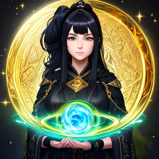 Prompt: "Full body, oil painting, fantasy, anime portrait of a young gold dwarf woman with flowing ash black hair in a ponytail and dark blue eyes | Elemental earth sorceress wearing intricate green wizard robes casting a rock spell, #3238, UHD, hd , 8k eyes, detailed face, big anime dreamy eyes, 8k eyes, intricate details, insanely detailed, masterpiece, cinematic lighting, 8k, complementary colors, golden ratio, octane render, volumetric lighting, unreal 5, artwork, concept art, cover, top model, light on hair colorful glamourous hyperdetailed medieval city background, intricate hyperdetailed breathtaking colorful glamorous scenic view landscape, ultra-fine details, hyper-focused, deep colors, dramatic lighting, ambient lighting god rays, flowers, garden | by sakimi chan, artgerm, wlop, pixiv, tumblr, instagram, deviantart