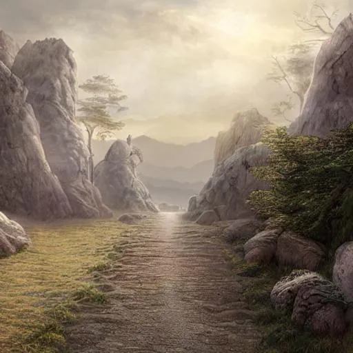 Prompt: detailed light fantasy matte painting of a long stone road, wide open area