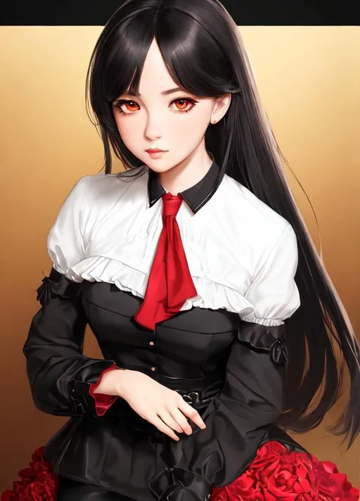 Prompt: (masterpiece), illustration, best quality: 1.2), 1 girl, solo, black hair, dignified, finely detailed, highly detailed manipulator expressions hands and face, highly detailed beautiful red eyes, beautiful detailed shadow, phonological detailed background,  transparent open white shirt, black tights, medium chest, neckline, with unique color tie