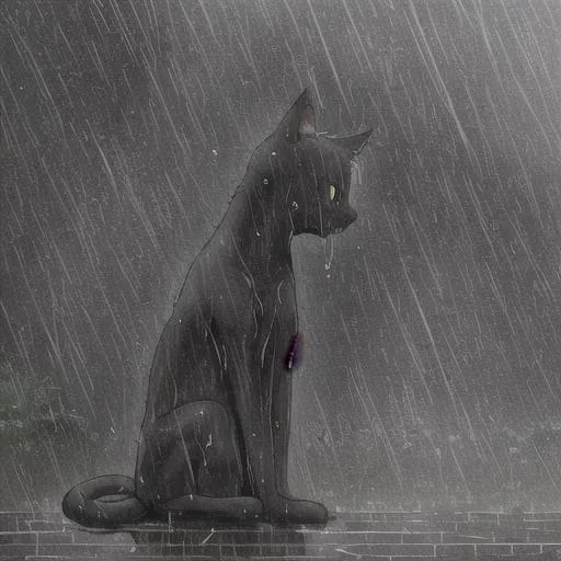 Prompt: Worried, sad, black cat, looking down. Rain falling down. Cat is wet.
