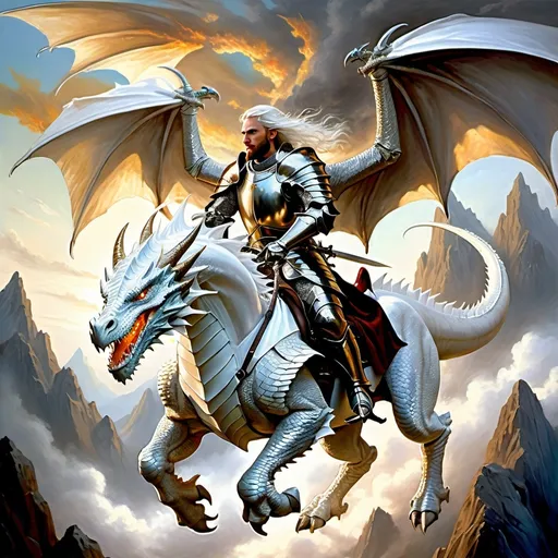 Prompt: Dragon rider Chivalric Knight in realistic oil painting, flying through the sky, majestic white dragon with vibrant white scales and fur, white ethereal wings, flowing white hair, fierce expression, mythical landscapes, high fantasy, oil painting, vibrant colors, epic scale, detailed armor, stunning face, atmospheric lighting, professional, highres, fantasy, oil painting, dragon rider, Chivalric Knight , flying, majestic, Dragon's face is bearded, ethereal, fierce expression, pale colors, high fantasy