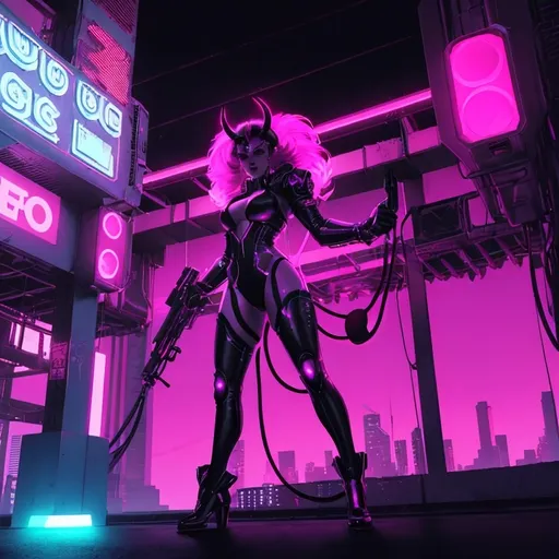 Prompt: a beautiful female demon in a dynamic pose in a retro futuristic synthwave cyberpunk neon paradise.  neon lighting, high quality, beautiful, synthwave, cyber, retro, futuristic