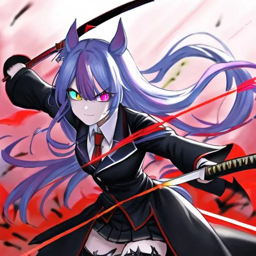 Prompt: Haley  as a demon (multi-color hair) (multi-color eyes)(she has horse ears) holding a katana, fighting, in a gunfight, bullets flying, fighting in a rural area, angry, (demon tail), (demon wings), lunging at the center, flying in the air