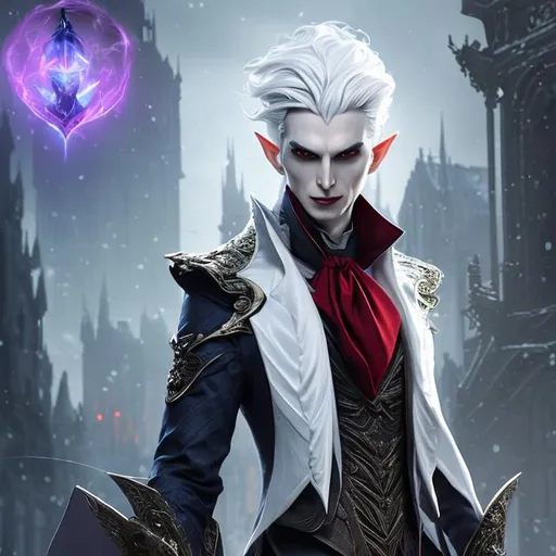 Prompt: Splash art portrait of male vampire, elf, 35 years old, youthful, handsome, white haired man, with short wavy white hair, {WHITE eyebrows}, red eyes, suave, charming, slight smile, slick, sophisticated, victorian dark clothes, purple clothes, elegant, highly detailed, intricate, smooth, sharp focus, artstation, digital painting, concept art, art by greg rutkowski, alphonse mucha and John William Waterhouse