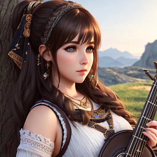 Prompt: extremely realistic, hyperdetailed, bard girl, holding instrument, RPG, D&D, highly detailed face, highly detailed eyes, full body, whole body visible, full character visible, soft lighting, high definition, ultra realistic, unreal engine 5, 8K, digital art