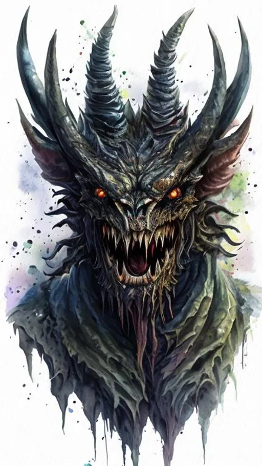 Prompt: Watercolor, Masterpiece, best quality, 8k, dream portrait Ultra Detail, 1 cave monster, horned and winged monster, facial detail, (black: 1.3 Eyes | 1.4 many sharp fangs | 1.5 open mouth | 1.6 head horns), body detail , (1.7 standing | 1.8 two-handed | 1.9 two-footed), (Sharp claws 1.8), clearly visible face, Highly detailed, vivid view, light ((water reflections, cinematic light, high detail, dramatic light, intricate detail, quality high), (water droplets, distinct reflections, sharp light, harsh reflections)), water particle effects (many water particles, rainbow particles, diffused particles), visible shadows, white particle effect, white smoke effect, cave background dark with stalactites hanging above it, --v4
