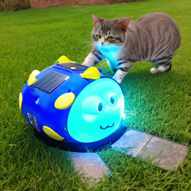 Solar powered cat made of solar cells. Bulky blue an...