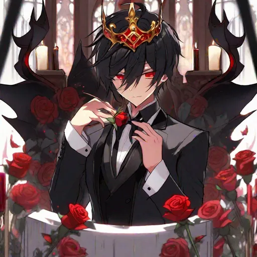 Prompt: Damien  (male, short black hair, red eyes) demon form, wearing a tuxedo, standing at the altar, biting his lip seductively, holding out a rose, wearing a crown
