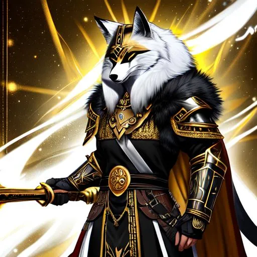 Anthropomorphic humanoid black and gold fox, golden... | OpenArt