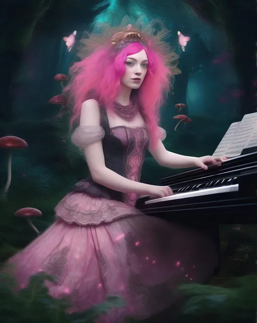 Prompt: A fantasy portrait of a girl with pale skin and vivid pink hair adorned with an ornate lace headdress against a dark magical forest backdrop, illuminated by glowing mushrooms and fireflies, wearing a dress of antique fabrics with a keyboard synthesizer built into the voluminous skirt, visualized in an imaginative dream punk aesthetic using lush painterly digital editing