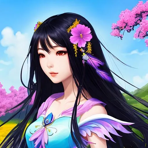 Prompt: pretty asian girl as a fairy goddess,  long black hair, Blue sky background, closeup,surrounded by vibrantky colored flowers
