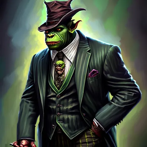 Prompt: green orc mobster. hat. full suit. stylish. oil painting. full body artwork. handsome. fantasy background