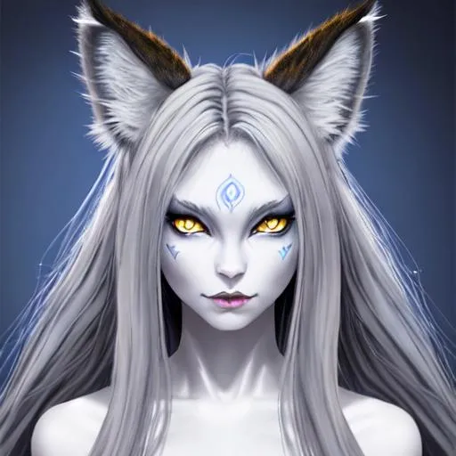 Prompt: full body pose , demon girl, yellow cat eyes, big gray lynx ears, indigo blue long hair, pale skin, sharp jaw, hyperrealistic eyes, hyperrealistic nose, hyperrealistic lips, ethereal, divine, goddess