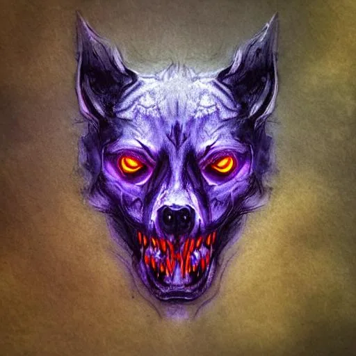 Prompt: menacing hellhound with glowing eyes in a bare-skull head hiding in a dark misty forest, dark forest, purple glow, photorealism
