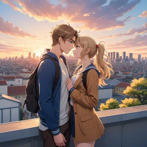 Prompt: anime illustration of a tall, very muscular pale skinned, young man with very short brown hair and blue eyes. Very Short, young Japanese girl with brown eyes, long dirty blonde hair. The girl has an actual monkey tail growing out of her body. standing on a school roof overlooking a city. They are embracing and French kissing. high school age, romance vibes, sunset.