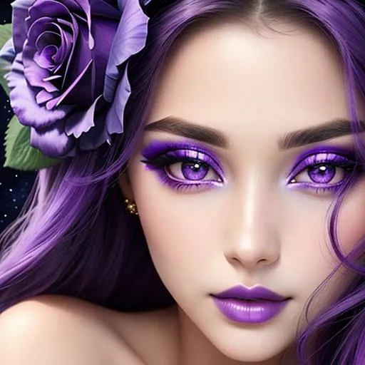 Prompt: Cosmic Epic Beauty, Beautiful and Gorgeous, purple roses in hair, violet eyes and lips, pretty makeup, facial closeup