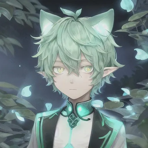 Prompt:  bioluminescent anime boy with leaf ears 


