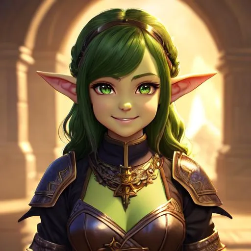 Prompt: oil painting, D&D fantasy, goblin girl, green-skinned-female, small, beautiful, short bright brown hair, wavy hair, smiling, pointed ears, looking at the viewer, cleric wearing intricate adventurer outfit, #3238, UHD, hd , 8k eyes, detailed face, big anime dreamy eyes, 8k eyes, intricate details, insanely detailed, masterpiece, cinematic lighting, 8k, complementary colors, golden ratio, octane render, volumetric lighting, unreal 5, artwork, concept art, cover, top model, light on hair colorful glamourous hyperdetailed medieval city background, intricate hyperdetailed breathtaking colorful glamorous scenic view landscape, ultra-fine details, hyper-focused, deep colors, dramatic lighting, ambient lighting god rays, flowers, garden | by sakimi chan, artgerm, wlop, pixiv, tumblr, instagram, deviantart