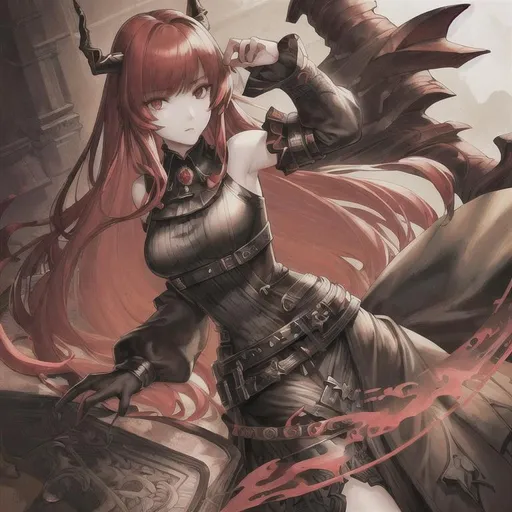 Prompt: masterpiece, illustration, best quality:1.2), 1girl, solo, red hair, dignified , finely detailed, detailed face, beautiful detailed eyes, beautiful detailed shading, beautifully detailed background, surtr, horn, arknights, belt, black dress, black jacket, detached collar, horns , sleeveless, sleeveless dress