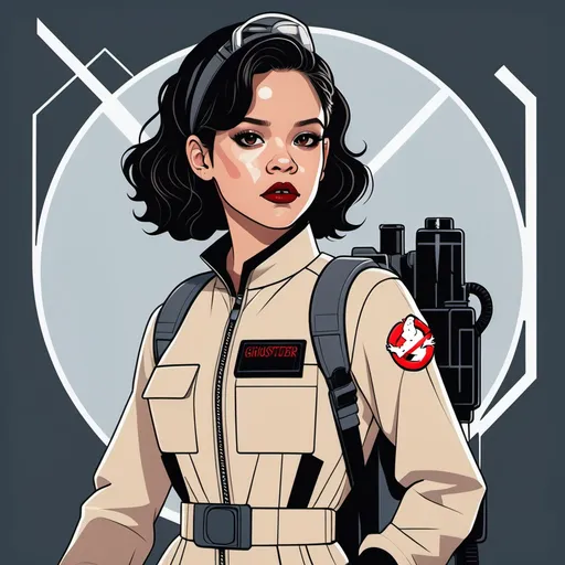 Prompt: "Illustrate a character resembling jenna ortega dressed as a Ghostbuster, rendered in the iconic style of Patrick Nagel. Emphasize clean lines, bold contrasts, and minimalistic details. She is wearing a Ghostbusters jumpsuit with the iconic logo, holding a proton pack with a sleek and futuristic aesthetic. The background is abstract, featuring muted geometric shapes in whites, grays, and soft pastel tones, with subtle neon accents to enhance the 1980s vibe. Capture her confident and poised expression, with her hair styled in a classic, angular fashion typical of Nagel's work."