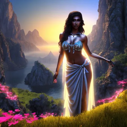 Prompt: HD 4k 3D 8k professional modeling photo hyper realistic mysterious gothic beautiful women ethereal greek goddess of deceit and lies
brown straight hair dark eyes gorgeous face brown skin  shimmering dress with sash tiara with veil winged feet full body surrounded by magical glowing light hd landscape background island of crete jungle vegetation beetles and smoke