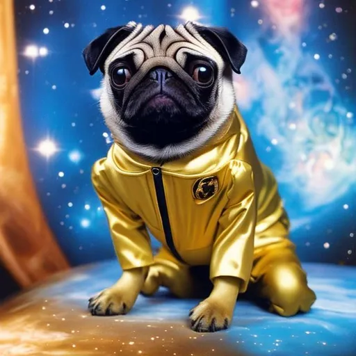 Prompt: Cosmetic pug Wearing a gold suit in space 