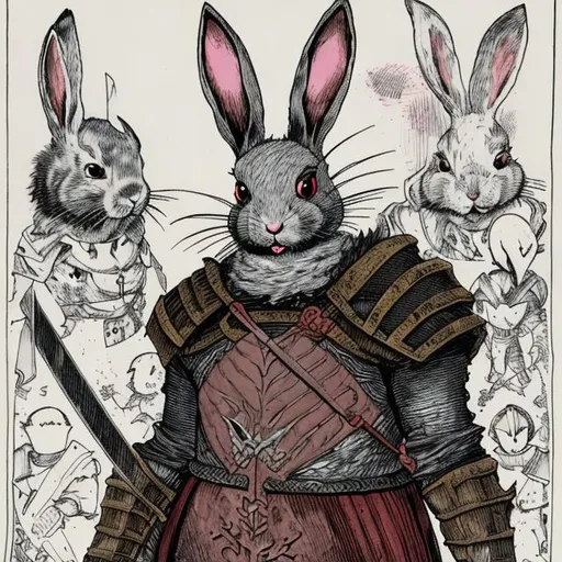 Prompt: A bunny wearing the armor of guts from berserk
