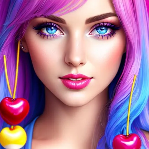 Prompt: 4K, 16K, picture quality, high quality, highly detailed, hyper-realism, skinny woman, beautiful eyes, pink and blue hair, cherries, whipped cream, lollipop, deviant art, stars, popart, candy