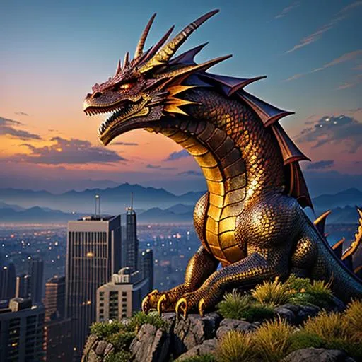 Prompt: ((A full-grown copper dragon perched on a crag above the rooftops of a city, trending by artstation)), photorealistic 64k resolution, HDR, epic, expansive, brilliant, stunning, hyperdetailedphotorealistic , ultra detailed, hyperrealistic, surreal, matte painting, unreal engine 5, UHD, first player sight

