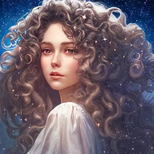 Prompt: A woman with long curly hair and a light wind around, photorealistic face, surrounded by stars and a glowing thread, photorealistic, high quality, beautiful, fantasy, science fiction, magic, surreal