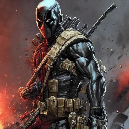 Prompt: Redesigned white and gold military commando-trained villain deadpool. Bloody. Hurt. Damaged mask. Accurate. realistic. evil eyes. Slow exposure. Detailed. Dirty. Dark and gritty. Post-apocalyptic Neo Tokyo with fire and smoke .Futuristic. Shadows. Sinister. Armed. Fanatic. Intense. 