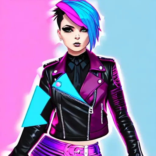 Prompt: woman pink and blue undercut hair, dark detective clothes, goth girl wearing black biker jacket, cartoon and funko style png background, fullbody
