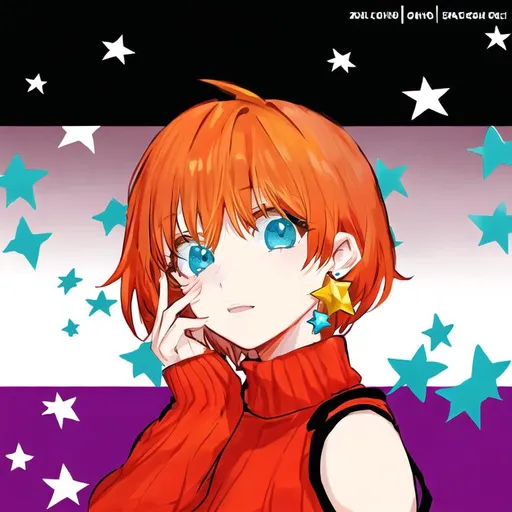 Prompt: Portrait of a cute girl with short, orange hair and cyan eyes wearing a red sweater and star-shaped earrings 