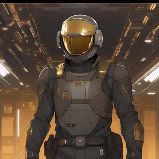 Prompt: From distance. Whole body. Full figure. A Czech male soldier in scifi 20th century uniform.  Cyborg implanted. He has a scifi adrian helmet with a scifi line visor covering his face.  Dark brown uniform with gold details.  In background a space base. Anime art. Rpg. Anime style. Akira art. 2d art. 2d. Well draw face. Detailed. Whole figure. Full body. 