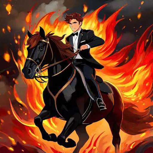 Prompt: Caleb  as a police officer (brown hair) (brown eyes) wearing a tuxedo, full body, riding a (black coated demon horse, glowing red eyes, firey mane, and tail) running through hell, rearing up on its hind legs