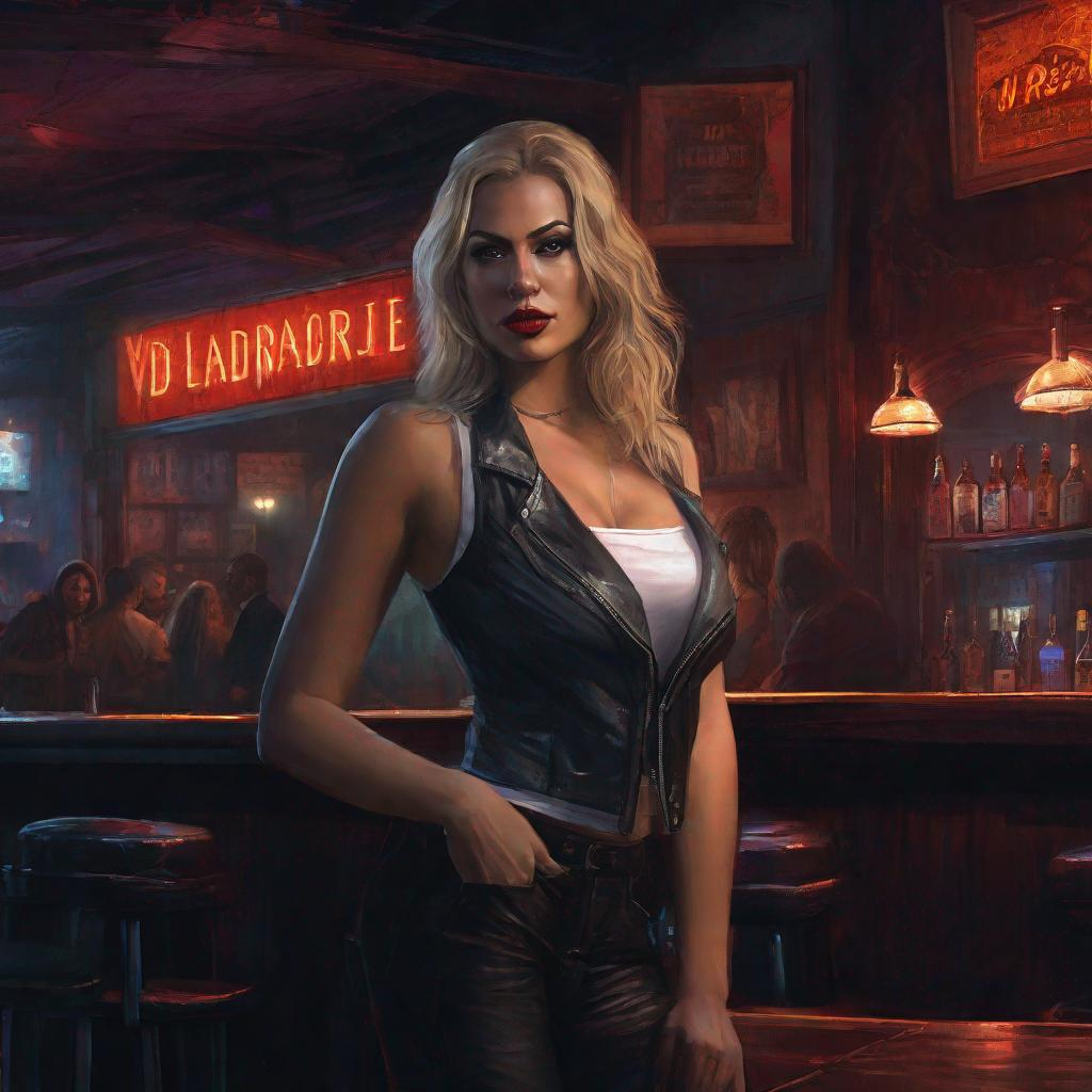 digital painting character portrait Larissa Reis barely any clothing muted sleazy dive bar backg